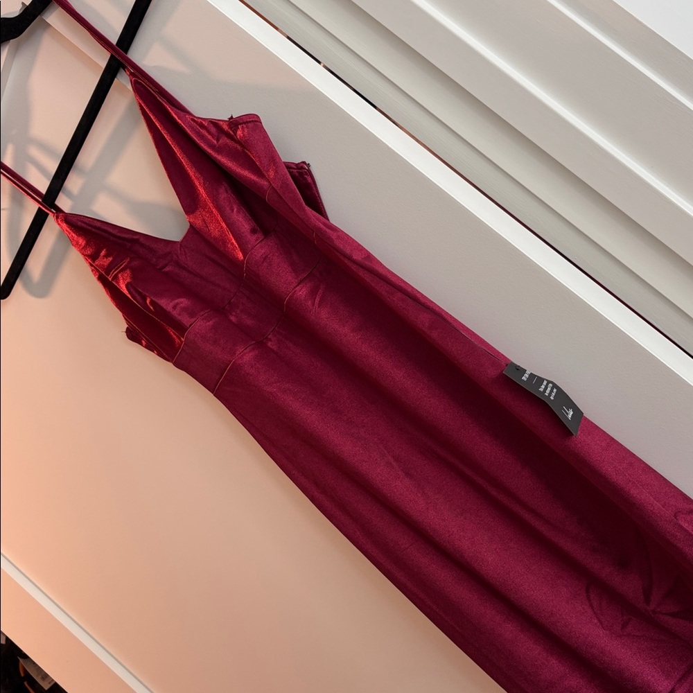 Lulus Sleek Satin Burgundy V-Neck Dress Bodycon